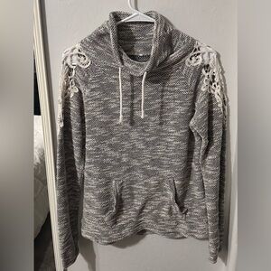 Gray and White Knit Sweater with Lace Accents